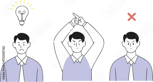 Conceptual illustration depicting an idea, a wrong decision, and the absence of an idea with a cross mark