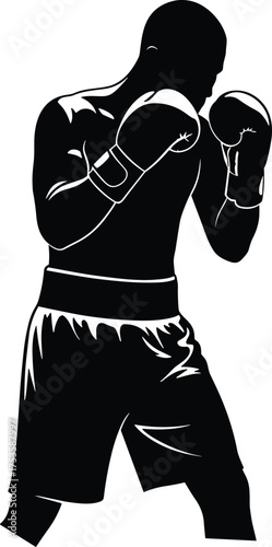 Boxing silhouette, fighter stance, defensive guard, combat sport, athlete motion, punching pose, martial training, gym workout, sparring action, vector design