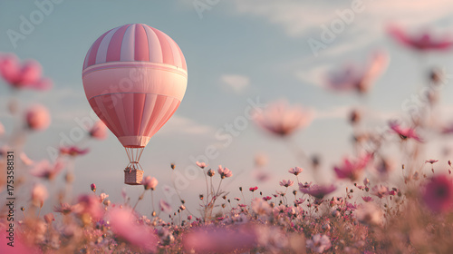 globo aerostatico sobre un cielo azul y un campo de flores rosas pastel al aire libre para diseño o tarjeta de invitacion con espacio de copia 