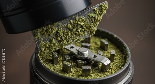 Close up of a black herb grinder with green plant matter inside