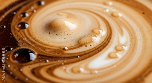 Macro shot of creamy espresso coffee swirling with milk.