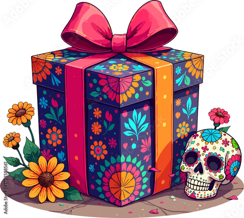 Gift box with bow and sugar skull surrounded by flowers in a festive Day of the Dead style on a white background