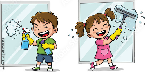 Children cleaning windows, cartoon household chore scene, playful responsibility moment, hygiene behavior illustration, expressive activity, teamwork, foam and squeegee