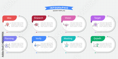 Timeline Creator infographic template. 8 Step timeline journey, calendar Flat simple infographics design template. presentation graph. Business concept with 8 options, gantt vector illustration.