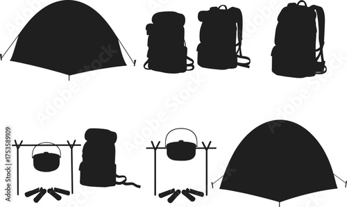 Camping silhouettes, tent design, backpack gear, campfire cooking, outdoor lifestyle, hiking equipment, wilderness survival, travel adventure, recreation scene