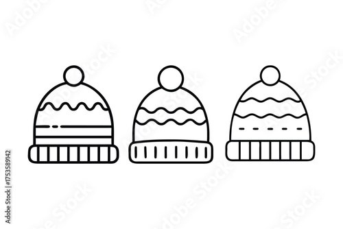 Simple line art illustration of three different winter knit beanies