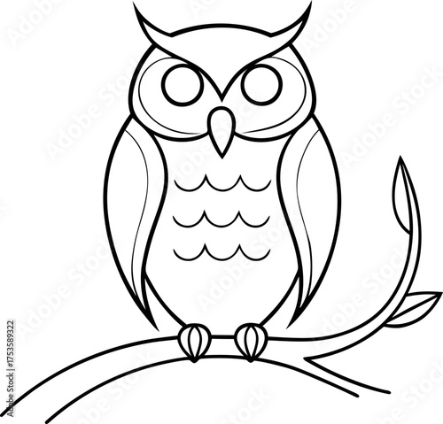 Outline icon illustration of a charming owl bird perched attentively on a tree branch