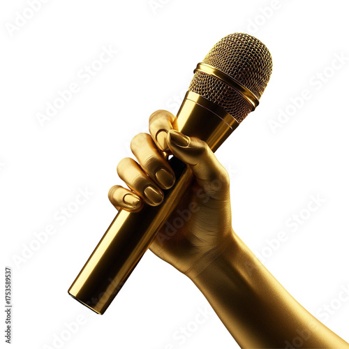 Luxurious golden female hand holding elegant studio microphone