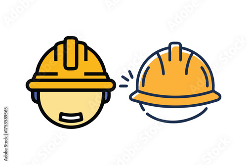 Illustration of a construction worker s head and a separate helmet