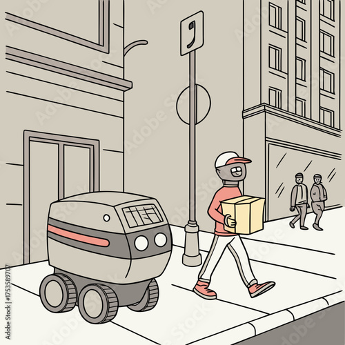 Vector art of robot delivering package in the city