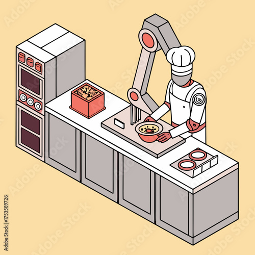 Vector art of robot chef preparing food in kitchen