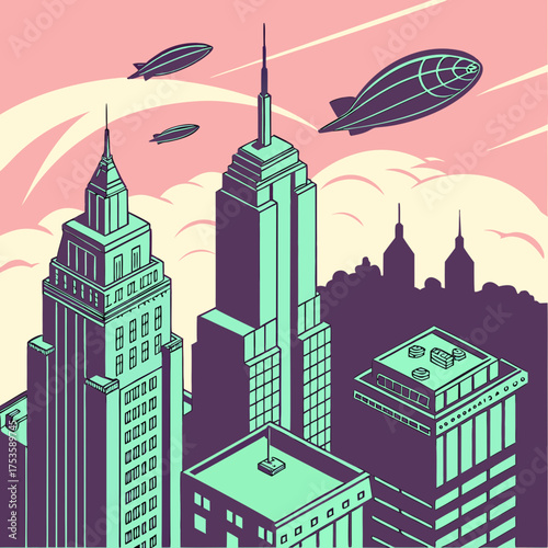 Vector art of retro style city with airship
