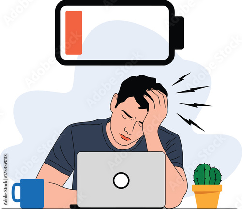 Exhausted Man at Laptop with Low Battery Icon – Workplace Fatigue Concept