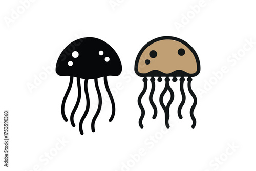 Two simple jellyfish icons one black and one beige are shown