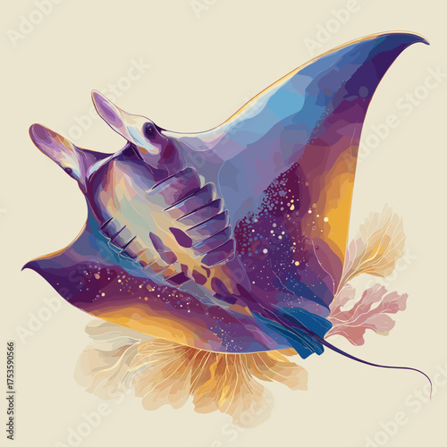 Colorful manta ray swimming gracefully with floral background  
