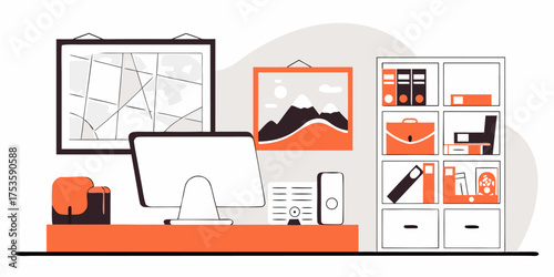 Workspace Interior Flat Illustration Vector: Desk with Computer Bookshelf Organizer