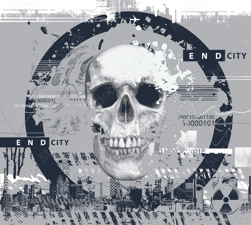 Vector abstract banner. Urbanism, street art, apocalypse. Circle and human skull with spots, grunge-style cityscape. T-shirt design. No ai