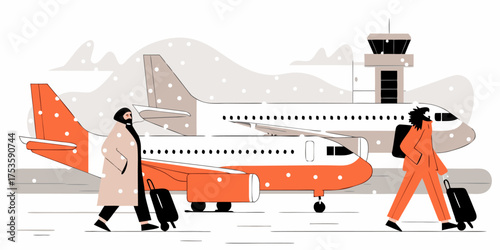 Winter Travel Illustration People Airport Snow Scene Baggage Aircraft Air Traffic Control Tower Passengers Walking with Suitcases Orange Airplane Vector Flat Style Art