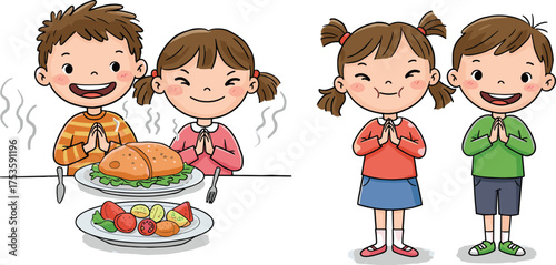 Children expressing gratitude before meal, cartoon family scene, prayer gesture illustration, emotional contrast, food appreciation moment, cultural tradition behavior