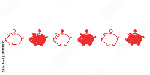 Piggy Bank Saving Money Investment Finance Economy Red and White Outline Vector Illustration