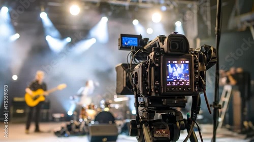 Professional camera filming a live band on a stage with bright spotlights and haze. Music event recording