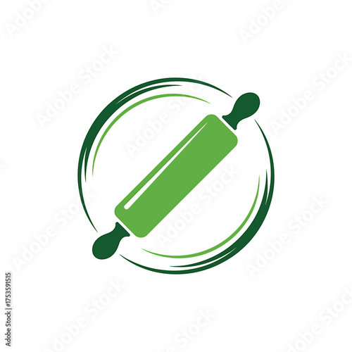 Minimalist green rolling pin logo design simple circular emblem for culinary brands