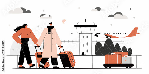 Couple Traveling in Winter: Man and Woman with Luggage at Airport, Taking Flight, Air Traffic Control Tower and Passenger Plane, Seasonal Travel