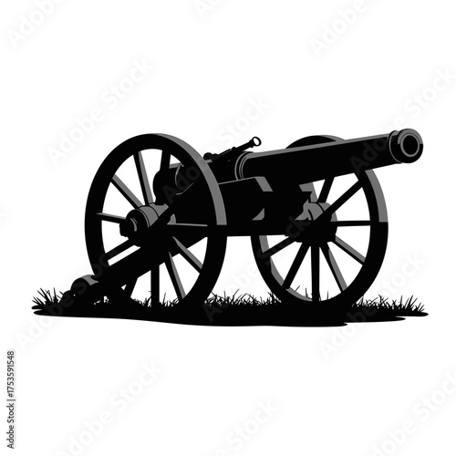 Classic cannon with large spoked wheels set on grassy ground silhouette