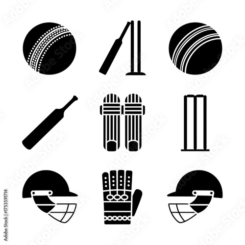 Black and white cricket equipment set icons graphic design elements for sports