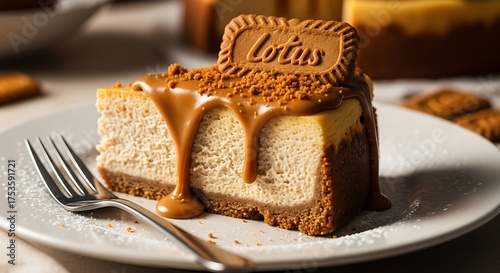 Delicious Lotus Biscoff Cheesecake Slice with Caramel Drizzle and Cookie Topping.