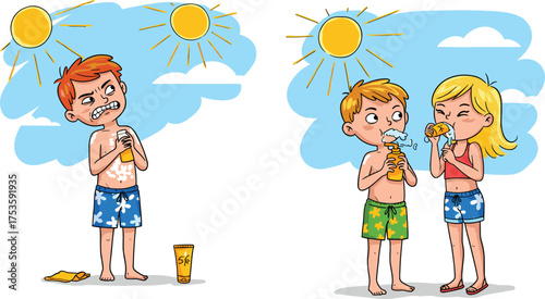 Children in summer sun, cartoon outdoor scene, sunburn vs hydration contrast, sunscreen behavior, healthy habits illustration, playful beach moment