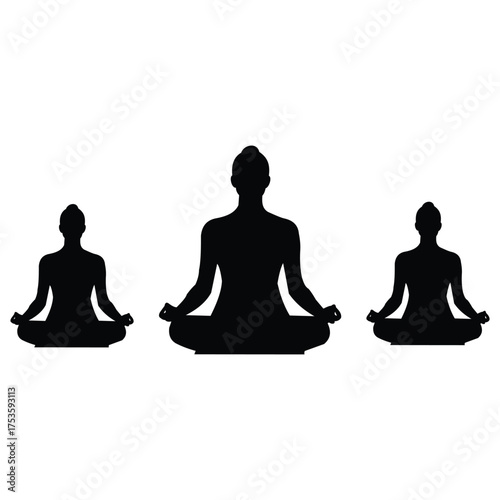 Creative design vector art of three silhouette figures meditating in lotus position on