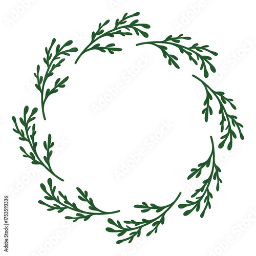Circular wreath frame with green botanical branch in circle on white background in flat style. Empty center space for text or design element.