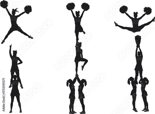 Cheerleading silhouettes, stunt formation, flyer lift, pom‑pom routine, team spirit, athletic motion, performance art, group sport, dynamic pose, recreation scene