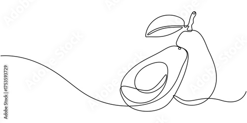 Continuous one single minimal line drawing avocado, Avocado Single Line Icon, A half of avocado superfood line art illustration, Continuous line drawing of avocado, vector illustration. 