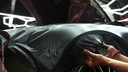 4k Video Applying black vinyl wrap to car with heat gun ensures precise adhesion and flawless surface coverage. Heat gun used in vinyl wrapping activates adhesive. Car Vinyl Wrapping with Heat Gun.