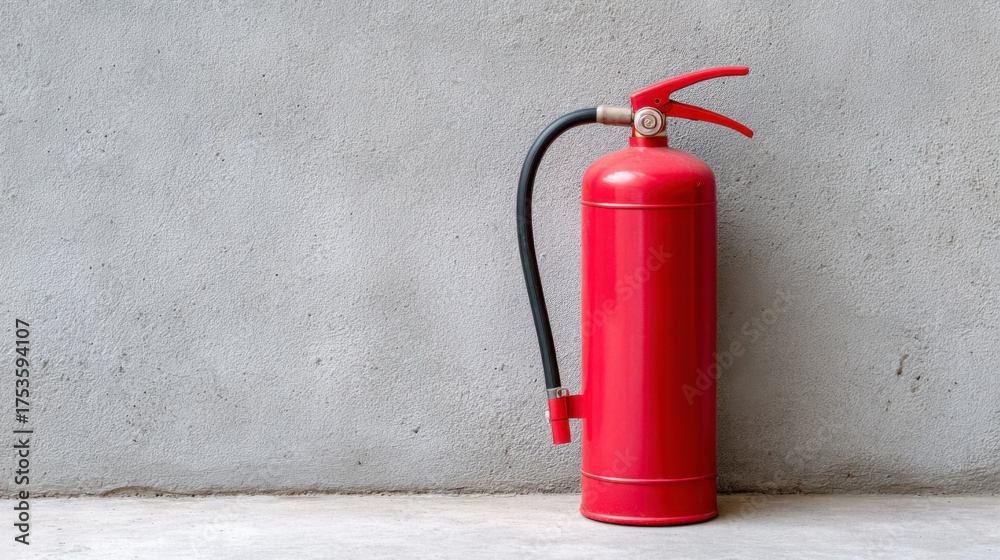 Obraz premium Red Fire Extinguisher Against a Gray Concrete Wall: A Safety Device for Fire Emergencies and Fire Risk Mitigation in Various Environments