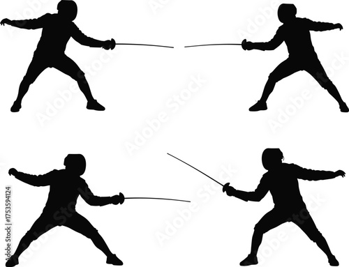 Fencing silhouettes, sword fighting duel, Olympic sport, mirrored stance, protective gear, foil epee sabre, martial art, athletic training, combat action, competition technique