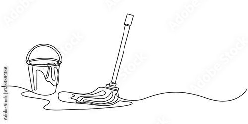 Continuous one line drawing of mop and bucket, Cleaning concept, Simple vector illustration, Single line draw design vector graphic illustration, Cleaning service concept.