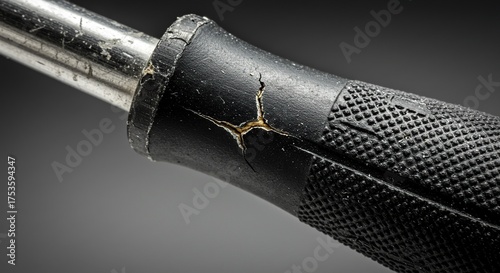 Close up of a damaged black screwdriver handle with a metal shaft against dark background