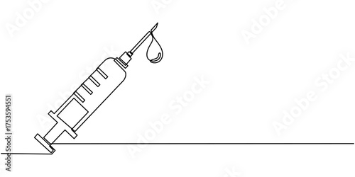 One continuous line drawing of medicine set with syringe and vial, Medical syringe and medicine vial. Pharmaceutical components and vaccine symbol in a simple linear style editable stroke.