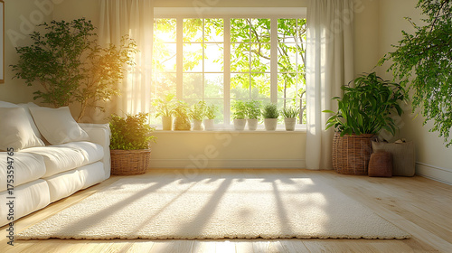 Sunlit living room interior with plants and white couch