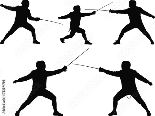 Fencing silhouettes, sword fighting duel, Olympic sport, protective gear, foil epee sabre, martial art, athletic training, combat technique, competition stance, dynamic action