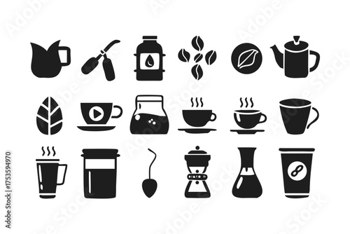 Collection of various coffee and tea related icons in black