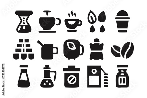 Collection of coffee related icons in black and white style