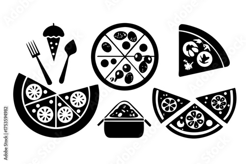 Illustration of pizza slices and other food related items