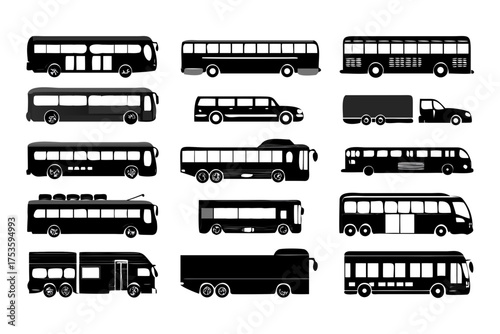 Silhouette illustrations of various types of buses and trucks