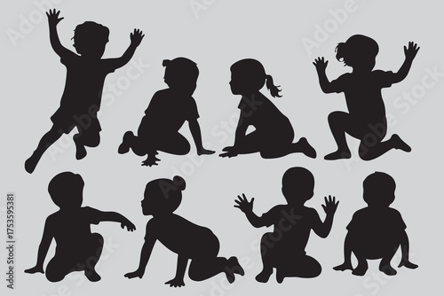 Diverse silhouettes of children playing and crawling active playtime fun silhouette