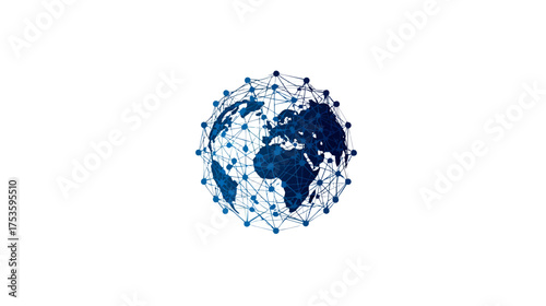 Global digital network with interconnected dots, lines, and a blue Earth. Worldwide communication, technology, and connectivity concept.