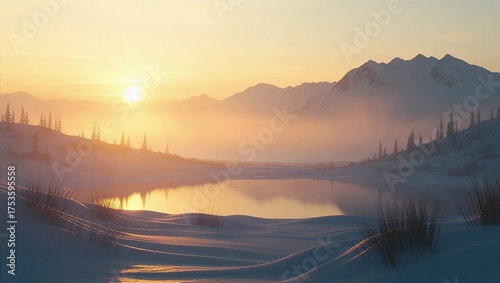 Winters Embrace - A Serene Sunrise Over Snow-Covered Mountains and Frozen Lake.